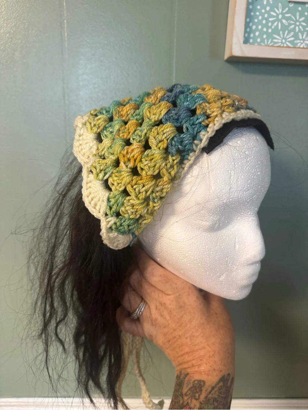 Handmade Crochet hair banana in Teal, Mustard & Cream